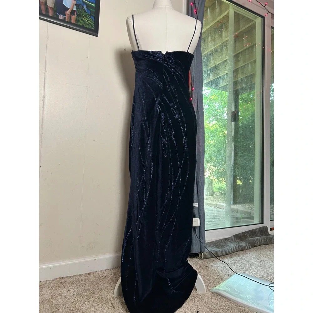 Vintage Navy Blue Velvet Glitter Gown Prom Formal Dress 6 Elegant Whimsigoth - Picture 4 of 10
